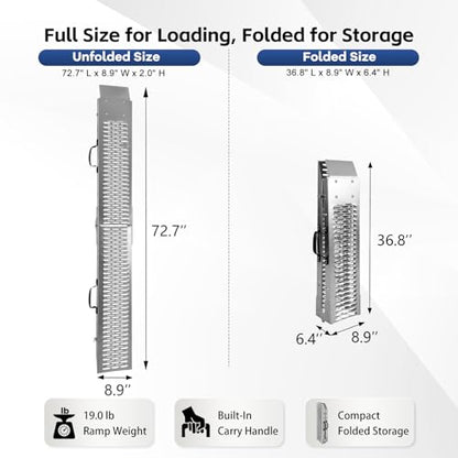 Folding Motorcycle Loading Ramp for Pickup Truck & Trailer, 485 lb Steel Ramp with 2 Dual-Hook Ratchet Straps, Carry Handle and Locking Latch, Dirt Bike Ramp, 72.7" x 8.9", 1 Pack - size: Perforated Surface - 1 Pack - 485 lb