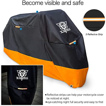 XYZCTEM Motorcycle Cover – All Season Waterproof Outdoor Protection – Fit up to 116 inch Tour Bikes, Choppers and Cruisers – Protect Against Dust, Debris, Rain and Weather(XXXL,Black& Orange) - size: 116"