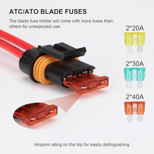 2 Pack Inline Fuse Holder 12V Waterproof, 4mm² Pre-Wired Kit, with 20 Amp 30 Amp 40 Amp ATC/ATO Blade Fuses, Heavy Duty Inline Fuse Holder for Marine Automotive Vehicle (2)