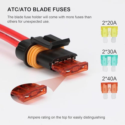 2 Pack Inline Fuse Holder 12V Waterproof, 4mm² Pre-Wired Kit, with 20 Amp 30 Amp 40 Amp ATC/ATO Blade Fuses, Heavy Duty Inline Fuse Holder for Marine Automotive Vehicle (2)