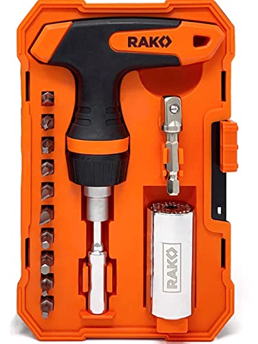RAK Universal Socket Tool - Birthday Gifts for Men - Set of 15, 1/4-to-3/4-inch Wrench Grip, T-Handle Ratchet Driver, 10 Screwdriver Bits - Gifts for men, Husband, Handyman - style: Universal Socket Tool