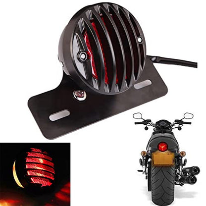 Motorcycle Black Grille Ribbed Round LED Tail Brake Light Red Lens For Integrated License Plate Lamp Fit Bobber Chopper Cruiser Street Bike - color: Black 5