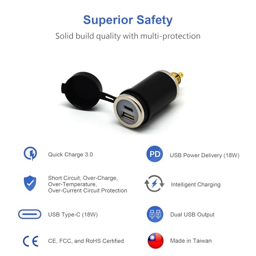 Cliff Top Motorcycle DIN Hella USB Charger 36W PD USB C and QC 3.0 Compatible with BMW Triumph Tiger Ducati Motorcycle (Straight)