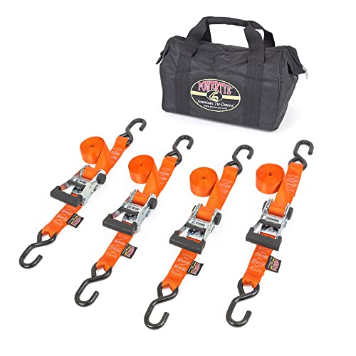 PowerTye Industrial Ratchet Tie-Down Kit - Made in USA - 1.5 inch x 8ft - Heavy Duty Ratchet Straps with S-Hooks, 4-Pack + Storage Bag, for Motorcycles, UTVs & Trailers, 1,000 W.L.L., Orange (4-Pack) - color: Orange
