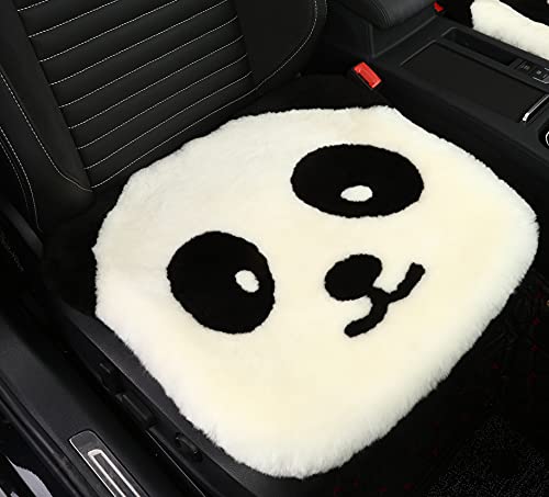 Cartoon Panda Sheepskin Seat Cover Wholehide Short Wool Seat Pad Natural Fur Car Seat Cover Universal Fit for Most Car, Truck, SUV, or Van Front - color: Panda, size: Front Seat (19.6inch*19.6inch)