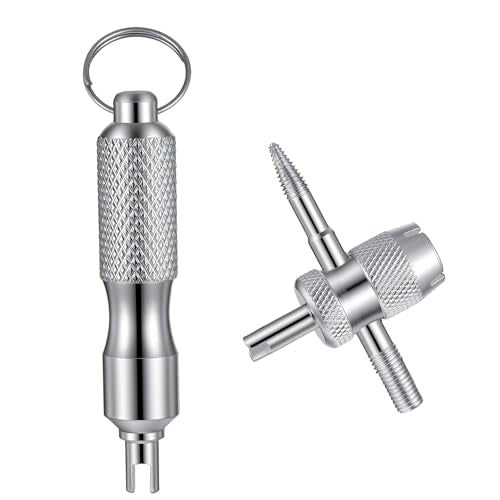 2 PCS Valve Stem Tool Keychain & 4-in-1 Tire Valve Core Removal Tool, Stainless Steel Portable Valves Core Disassembly and Repair Tools for Bicycle Car Motorcycle Repair Install Accessory
