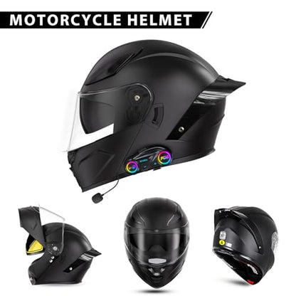 Bluetooth Motorcycle Helmet, Full Face Flip Up Modular Motorcycle Helmet with Bluetooth intercom headsets, DOT Approved Dual Visor Helmets - style: Matte Black