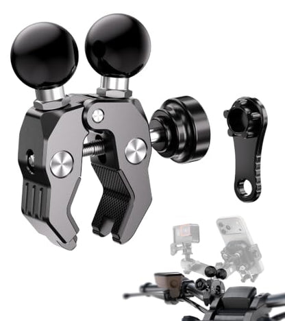 LOKTENWO Anti-Theft Dual Double 1" Ball Tough-Claw Mount, Aluminum Handlebar Clamp Fits 0.5"-1.75" Bars, Compatible with RAM B Size Socket Arm, Dual Device Motorcycle ATV GPS Camera Holder Base