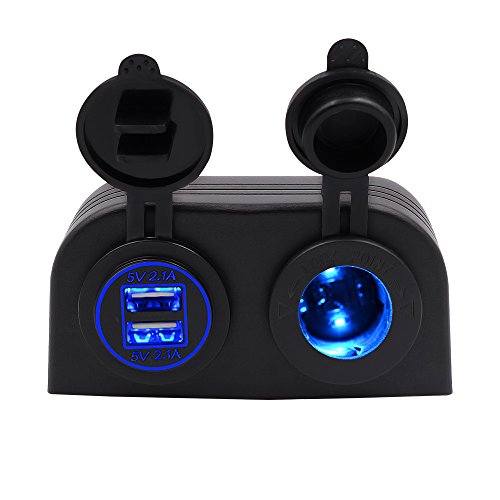 BlueFire Two Hole Tent Type Panel 4.2a Dual USB Charger + 12V/24V Cigarette Lighter Socket for Car Motorcycle Boat Marine ATV RV