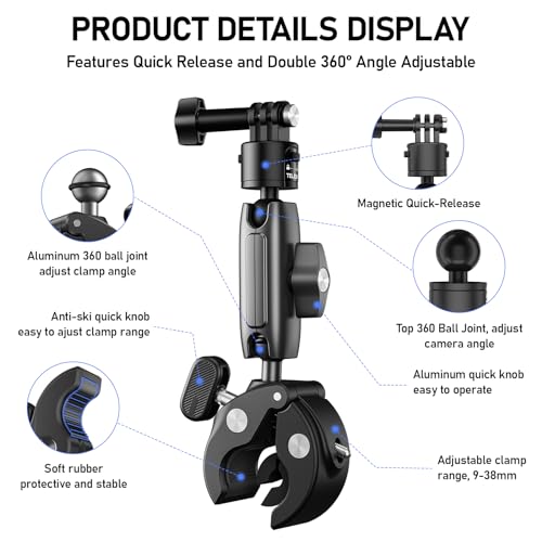TELESIN S2 Quick Release Clamp Mount, Bike Motorcycle Handlebar Roll Bar Tube Clip Holder Attach Accessories for GoPro 13 12 11 10 9 8 Insta360 X5 X4 X3 GO3 Ace Pro 2 DJI Action 3 4 5 Pro Pocket 3 - color: Metal Single Ball+Quick Release