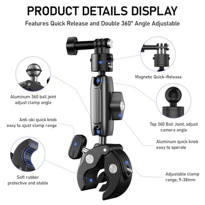 TELESIN S2 Quick Release Clamp Mount, Bike Motorcycle Handlebar Roll Bar Tube Clip Holder Attach Accessories for GoPro 13 12 11 10 9 8 Insta360 X5 X4 X3 GO3 Ace Pro 2 DJI Action 3 4 5 Pro Pocket 3 - color: Metal Single Ball+Quick Release