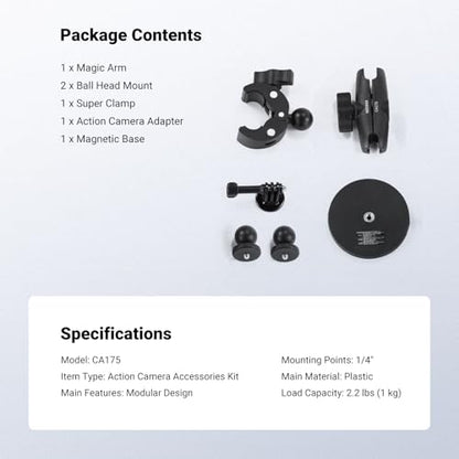 NEEWER Motorcycle Bicycle Handlebar Clamp Holder Magnetic Car Mount Accessories Kit Compatible with Insta360 X5 X4 X3 GoPro DJI AKASO Action Cameras, 360° Ball Heads for POV Video Recording, CA175 - style: CA175