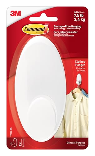 Command Clothes Hanger, Holds up to 7.5 lb, Sized for 3 Plastic Hangers or 7 Metal Hangers, 1 Wall Hook and 2 Strips, Extra Storage for Laundry Room, Bedroom and Closet - size: Large
