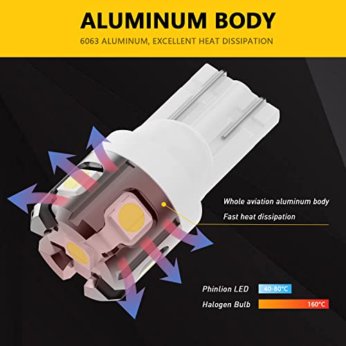 PHINLION 194 LED Light Bulb 6000K White Super Bright 168 175 2825 W5W T10 Wedge 6-SMD 3030 Chipsets LED Bulbs for Car Interior Dome Map Reading Trunk Courtesy License Plate Lights, Pack of 2 - color: White