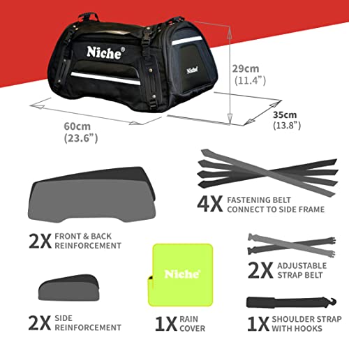 Niche Motorcycle Tail Bag 60L – Waterproof Travel Luggage with High‑Vis Neon Rain Cover & Reflective Trim, Universal Fit for Sport & Touring Bikes (NMO-2211)