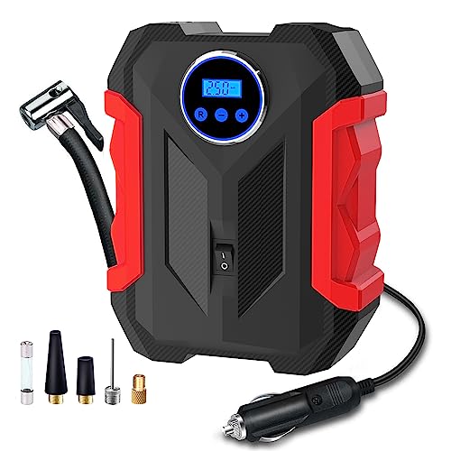 Digital Air Compressor for Car Auto Pump Portable Tire Inflator with LED Light DC 12V, Red - color: Red