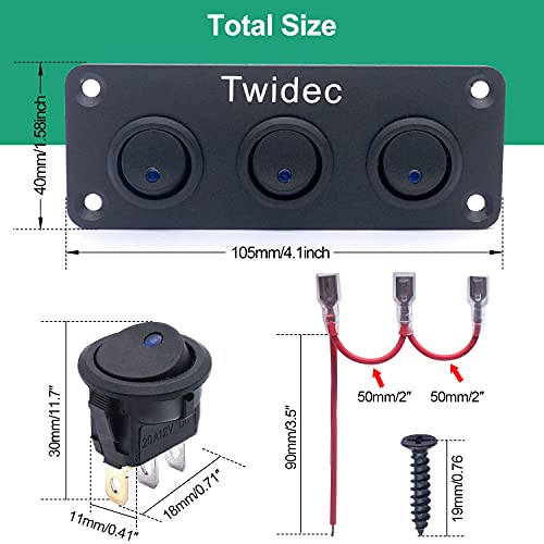 Twidec/3 Gang Rocker Toggle Switch Panel with 12V DC Round Dot Lighted 20A 3 Pins ON/Off SPST Switch Control for Car Or Boat Blue LED Light KCD2-102N-BU-XBZ - color: Blue LED-Panel