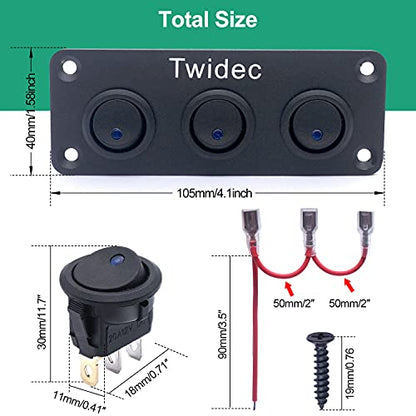 Twidec/3 Gang Rocker Toggle Switch Panel with 12V DC Round Dot Lighted 20A 3 Pins ON/Off SPST Switch Control for Car Or Boat Blue LED Light KCD2-102N-BU-XBZ - color: Blue LED-Panel