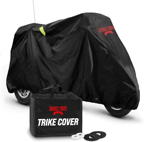 Badass Moto Fits Harley Davidson Trike Cover - Ultimate Heavy Duty Waterproof Motorcycle Cover Outdoor Storage for Tri Glide Ultra, HD Road Glide 3, Freewheeler - Triglide, Harley Trike Accessories - color: Badass Black, size: [HD TRIKE] 110"L x 61"W x 55