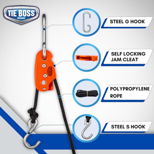 Tie Boss - 3/8 Inch, Heavy Duty, (300 lbs Working Load Limit), Weather Resistant, Tie Down, Rope Tightening System, (w/15 ft Rope) - Orange - color: Orange
