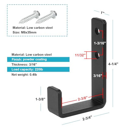 4 Pack 2-3/8" Heavy Duty Steel J Hooks, Wall Mount Utility Hook for Garage Hanging, Black, 220 lbs Capacity - size: 2-3/8"