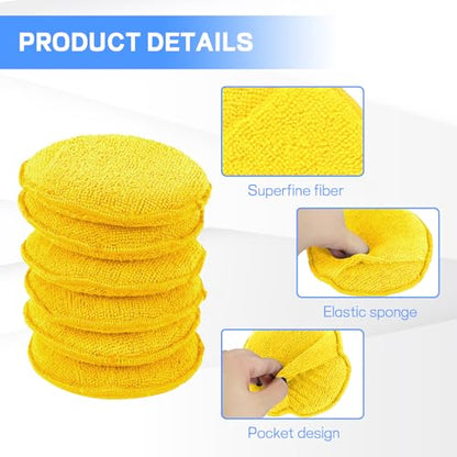 Hovom 6PCS Microfiber Wax Applicator, 5" Round Applicator Pads, Soft Automotive Waxing Foam Pads, Buffing Pads for Car Cleaning, Polishing and Detailing, Reusable Car Wash Sponge (Yellow) - color: Yellow