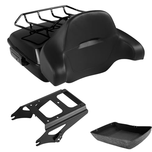 TCMT Chopped Motorcycle Trunk Box Wrap-around Backrest Detachables Two-Up Mounting Rack Luggage Rack Fit For Harley 2009-2013 Touring Road King Road Street Electra Glide Pack - color: Set D#Black Rack, size: Chopped Trunk Style B