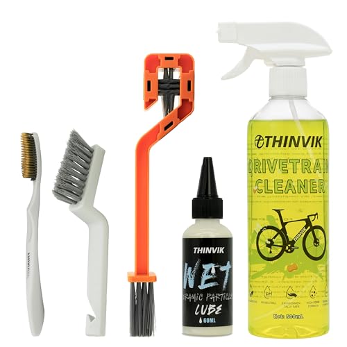 Thinvik Bike Lube and Cleaner Set with 500ml Chain Cleaner, 60ml Dry Lubricant and 4 Brush Tools for Cleaning Chains, Chainrings, Freewheel/Cassette(Wet Lube) - size: Wet Lube