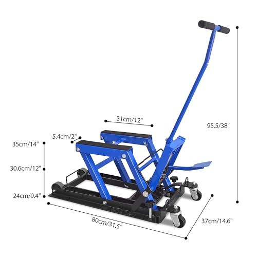 Hydraulic Motorcycle Lift Jack, 1500 LBS Scissor Lift Table with 4 Casters, Foot-Operated ATV UTV Lift Stand for Motorcycle ATV UTV Powersports, Portable Blue