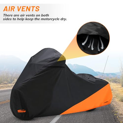 Waterproof Motorcycle Cover for Touring Models Made for Harley Davidson Road King Road Glide Street Glide Electra Glide Low Rider-ST Indoor & Outdoor All Weather Protection (Black & Orange) - size: Side Box