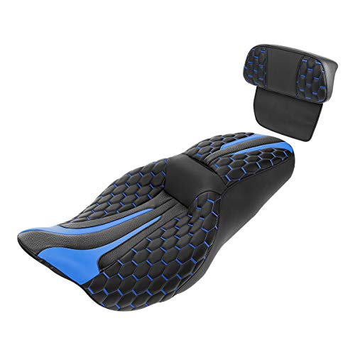SLMOTO Motorcycle Two Up Seat Custom Driver Passenger Leather Seat w/Backrest Pad Fits For Harley Touring Road King Street Glide Electra Glide Road Glide Tri-Glide Trike 2014-2023 - color: Blue + Passenger Backrest SP