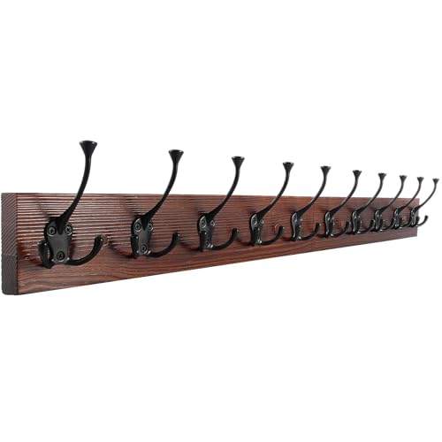 IBosins 34'' Coat Rack Wall Mount with 10 Decorative Tri-Hooks, Heavy Duty Wood Coat Hanger, Rustic Coat Hooks Rail for Entryway Living Room Coat Scarf Bag Towel Hat - color: Brown Wood Plate & Black Tri-Hook, size: 1 Item-10 Hooks