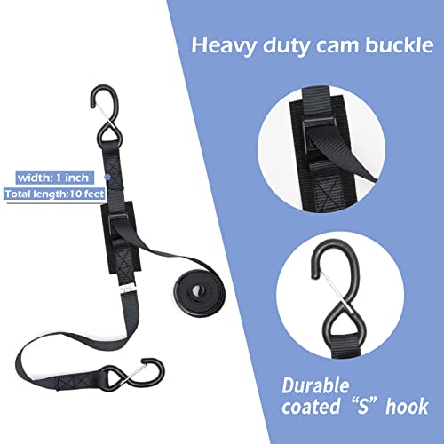 Cam Buckle Tie Down Straps with Hooks and Integrated Soft Loops, Heavy Dudy Lashing Straps for Motorcycle, Boat, Kayak, Truck, Trailer, Dirt Bike, Car Securing Straps 10 feet 2200lbs Break Strength