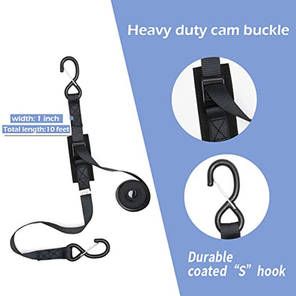 Cam Buckle Tie Down Straps with Hooks and Integrated Soft Loops, Heavy Dudy Lashing Straps for Motorcycle, Boat, Kayak, Truck, Trailer, Dirt Bike, Car Securing Straps 10 feet 2200lbs Break Strength