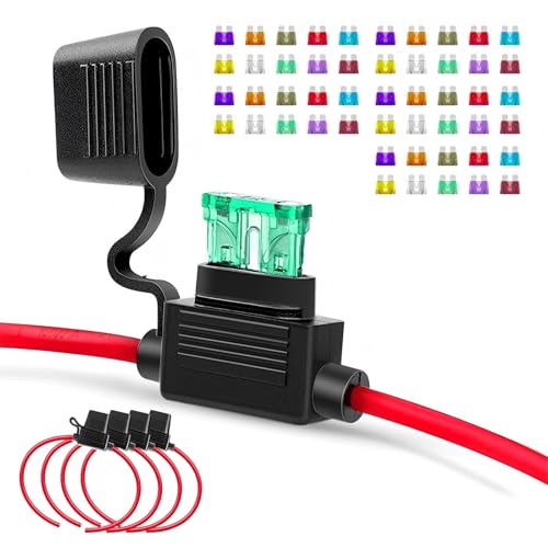 5PCS Inline Fuse Holder, 12AWG Fuse Holder, 12V Waterproof Car Gauge Inline Fuses, with 50PCS Standard Car Fuses (3A/5A/7.5A/10A/15A/20A/25A/30A/35A/40A), for Auto, Marine Lighting
