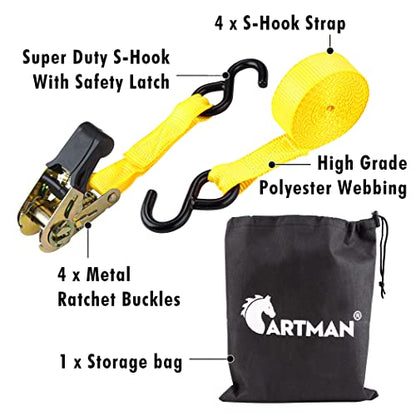 Cartman Ratchet Tie Down, 4Pk 15Ft, 500Lbs Load Cap/ 1500Lbs Break Strength, Cargo Straps for Moving Appliances, Lawn Equipment, Motorcycle in a Truck, with Carry Bag - style: 4PC