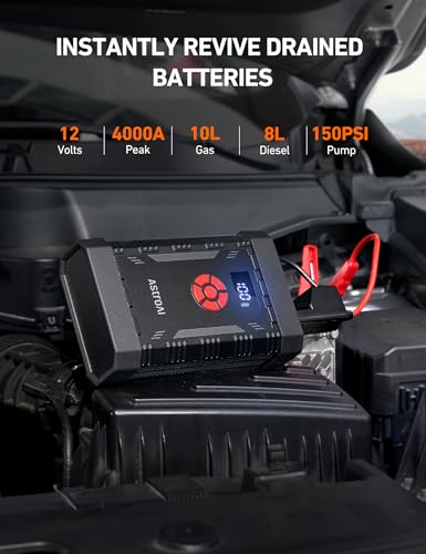 AstroAl A30 Jump Starter with Air Compressor, 4000A &150PSI Portable Car Battery Jump Starter (10.0 Gas/8.0LDiesel) with Tire Inflator, 12V Battery Charger, 18W Quick Charge, Jumper Cables, Lights - color: A30-Red