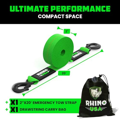 Rhino USA Tow Strap with Hooks (2 Inch x 20 Foot) Lab Inspected 10,321lbs Break Strength - Heavy Duty Emergency Towing Straps with Forged Steel Hooks for Roadside Recovery - Not for OffRoad Recoveries