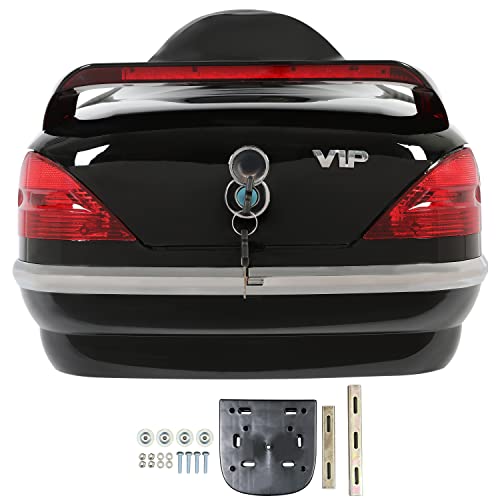 Black Motorcycle Hard Trunk Top Case with Backrest and Tail Light for Harley Davidson, Honda, Yamaha, Suzuki, Vulcan