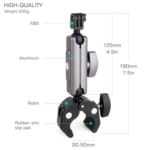 GEPULY Super Camera Clamp Mount for GoPro Insta360 - Aluminum Dual 360° Ball Head Magic Arm Adapters with 1/4''-20 Screw, Phone Tripod Holder Mount for Motorcycle Handlebar Fence Desk Tree Pole LED
