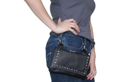 Hip Purse For Women Leather Clipon Purse for Biker Fanny Pack Waist Pack Motorcycle Leg Bag Leather Belt Pouch Crossbody Belt - color: Black