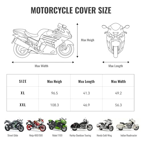 AUTOWN Motorcycle Cover Waterproof Outdoor, 420D Heavy Duty for Touring Bikes with Side Box & Top Case, Rear Zipper Access, Windproof Bike Cover Fits up to 108", Black & Gray - size: XXL: 108"