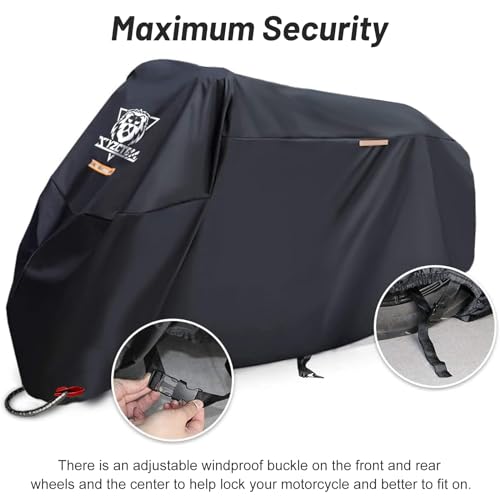 XYZCTEM Motorcycle Cover -Waterproof Outdoor Storage Bag,Made of Oxford Material Fits up to 96 inch, Compatible with Harley Davison and All Motors(Black& Lockholes& Professional Windproof Strap) - size: 96"