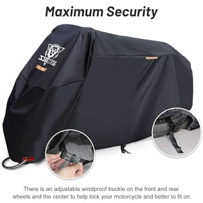 XYZCTEM Black Motorcycle Cover -Waterproof Outdoor Storage Bag,Fits up to 108" Motors,Made of Heavy Duty Material, Compatible with Harley Davison and All Motors,Professional Windproof Strap - size: 108"