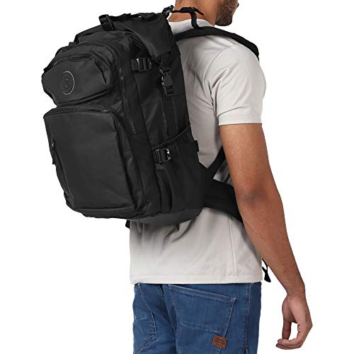 Royal Enfield Roll Top Backpack Black Waterproof 100% Polyester Motorcycle Bag Heavy-Duty Adventure Backpack Large Capacity Travel Pack for Bikers Hiking Camping Touring Outdoor Commuting