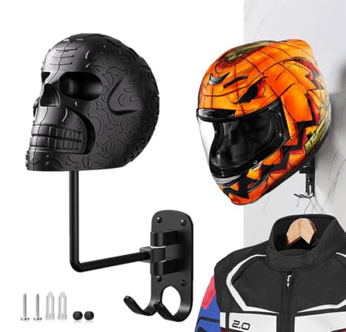 SANGMO Metal Skull Helmet Holder, Motorcycle Helmet Rack 180 Degree Rotation Wall Mount with 2 Hooks for Motorcycle Bike Baseball Rugby - Black - color: Black*1