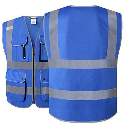 Class 2 Retro-Reflection Safety Vests 9 Pockets and Front Zipper ANSI/ISEA 107-2015(Blue-3, X-Large) - color: Blue-3, size: X-Large
