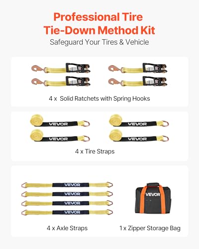 VEVOR Wheel Chock Tie-Down Kit, Tire-Style Trailer Tie Down Strap, Car Tie Down Kit with Spring Hook, Break Strength 10009 lbs & Working Load 3333 lbs Motorcycle System for ATV, SUV, Trailer - style: Tire-Style with Spring Hook