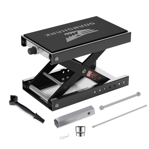 Aluminum Motorcycle Scissor Lift Jack, 1,100LBS Heavy Duty Dirt Bike Stand with Upgraded M16 Screw & Double Reinforcement Shafts, Non-Slip Rubber Pad Saddle for ATV Cruiser (Black) - color: Black