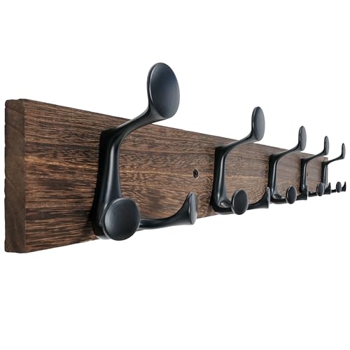 WEBI Coat Rack Wall Mount,30" Solid Wood Coat Hooks Wall Mounted Coat Hanger,16" Hole to Hole,Heavy Duty Hook Rack Rail,5 Triple Hooks for Hanging Coats,Jacket,Clothes,Hat,Backpack,Weathered Brown - color: Weathered Brown, size: 30 Inch